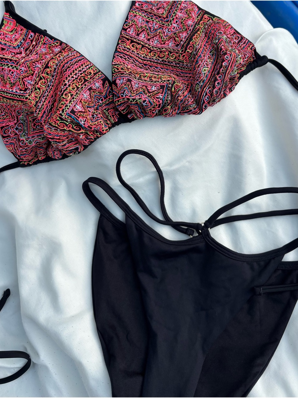 Black Two-Piece Swimsuit with Pink Embroidered colorful  Bikini Top